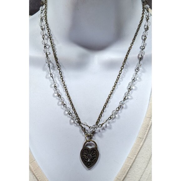 Coquette Steampunk Layered Beaded Heart Faux Lock Necklace - Picture 4 of 5